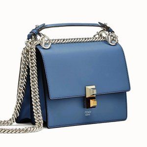 Fendi Medium Blue Leather Shoulder Bag with Silver Chain
